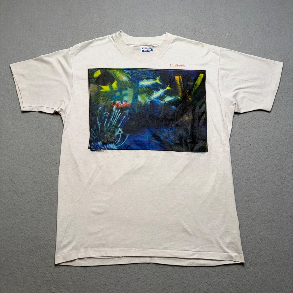 Hanes T-Shirt Mens L White Vintage 90s California Underwater Fish Graphic Tee